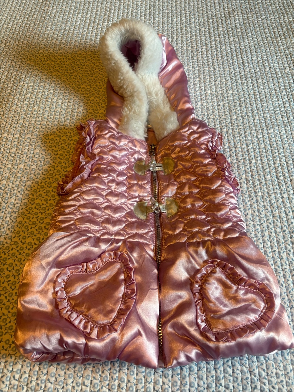 Little Lass Girls Pink Ruffle Heart Pockets Hooded Vest